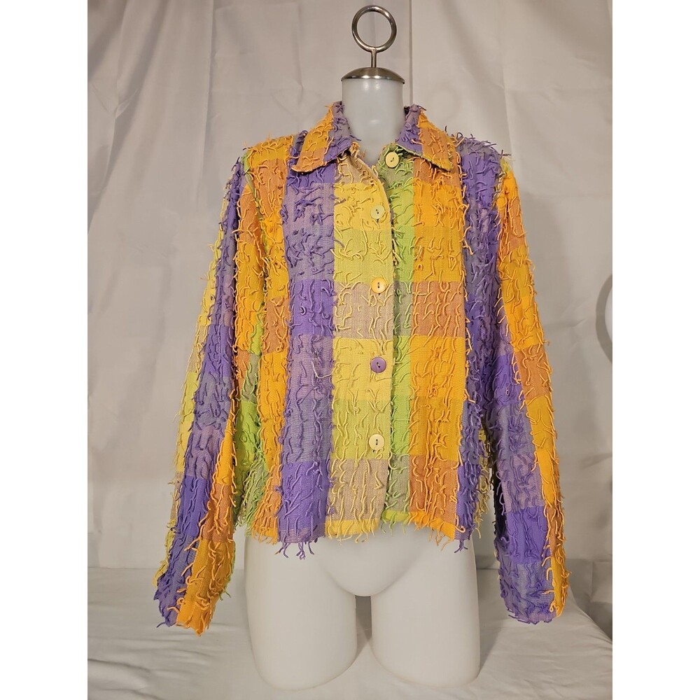 Life Style Lined Jacket Shaggy Thread Patchwork Plaid Colorful Bright Tasseled L